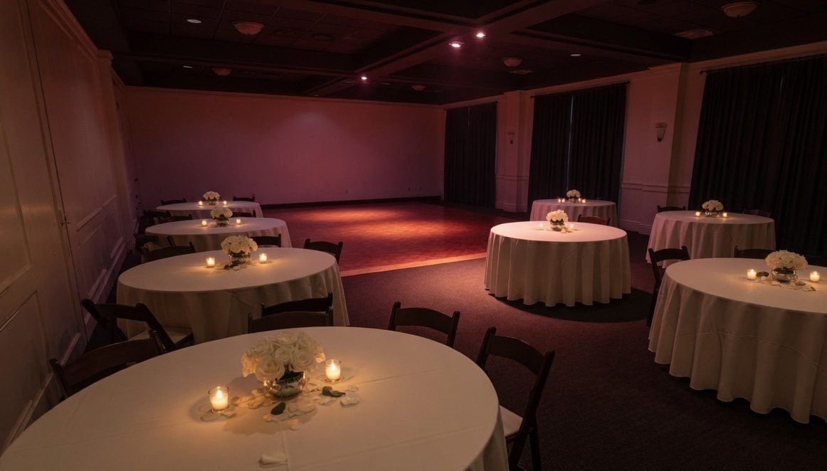 Banquet tables in low evening light, with a warm wash across the open floor