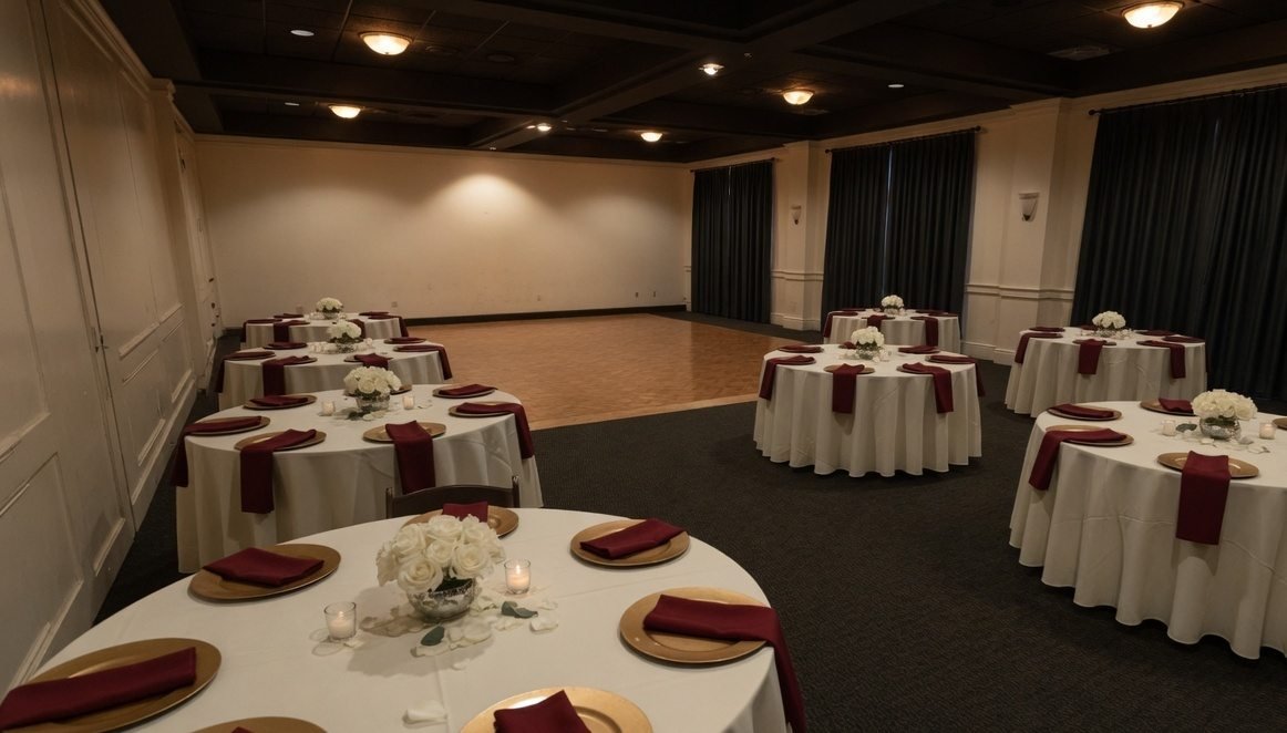 Round banquet tables in ivory linen, with burgundy napkins and an open floor beyond